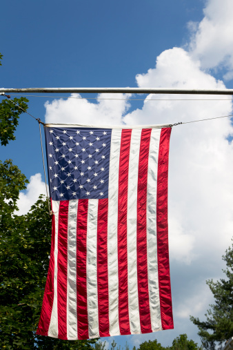 A hanging american flag.