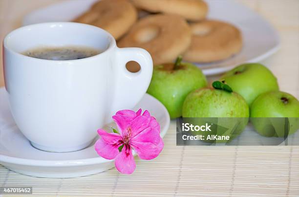 Pink Flower On A Breakfast Set Stock Photo - Download Image Now - 2015, Apple - Fruit, Bamboo - Material