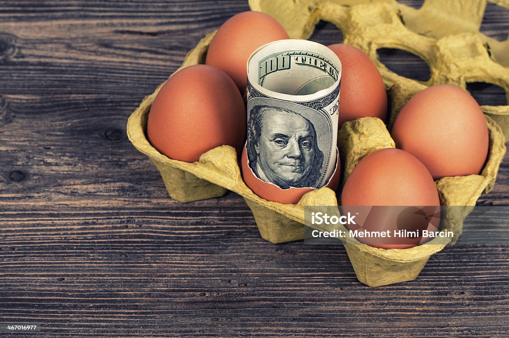 Egg of money Egg with money in egg box on wooden background Animal Egg Stock Photo