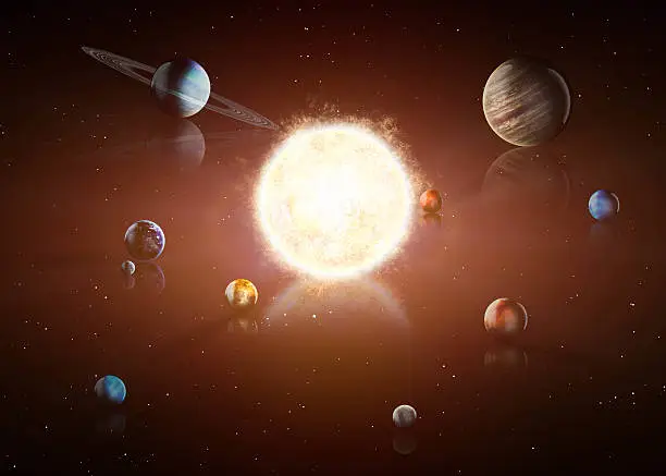 Illustration of solar system showing planets around sun. Elements of this image furnished by NASA