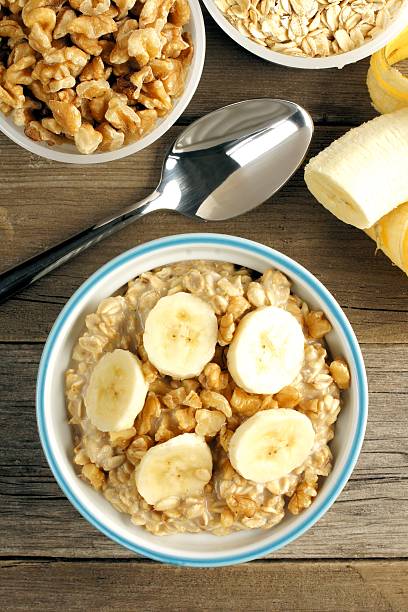 istock Banana walnut overnight oatmeal above view 467020898