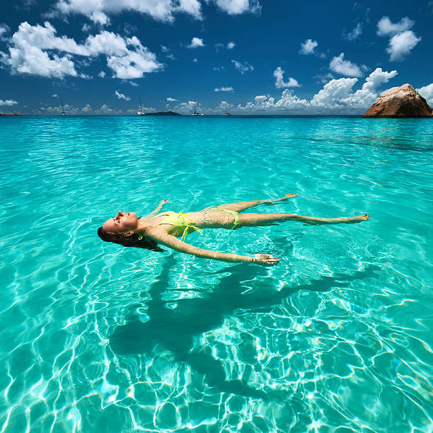 istock Woman in yellow bikini lying on water 467025260