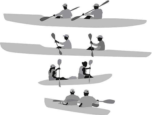 illustrazioni stock, clip art, cartoni animati e icone di tendenza di silhouette di persone kayak - silhouette kayaking kayak action