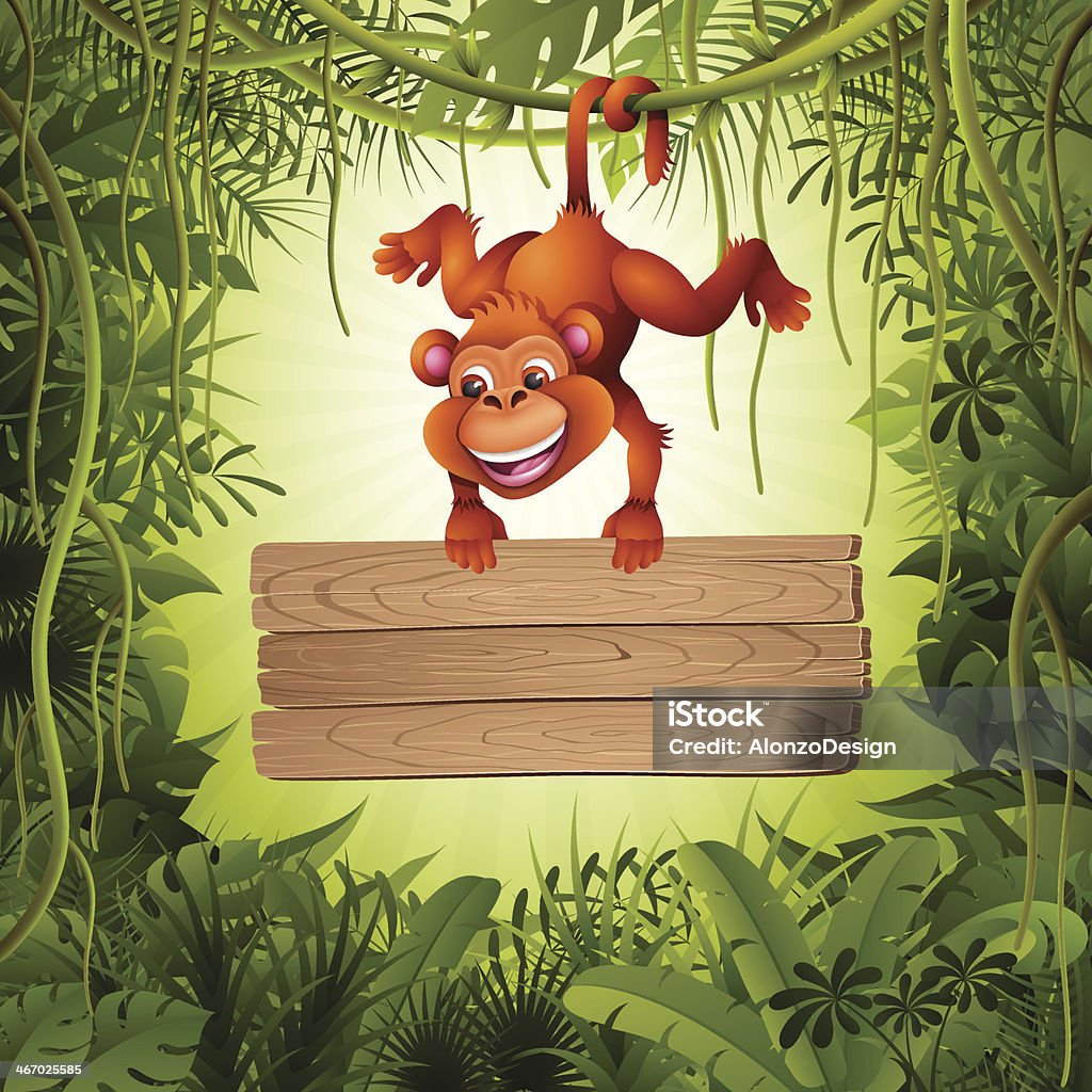 Singe avec panneau dans la jungle - clipart vectoriel de Grand singe libre de droits