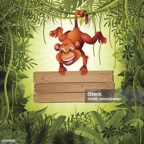 Singe Avec Panneau Dans La Jungle Vecteurs libres de droits et plus d'images vectorielles de Grand singe - Grand singe, Singe, En bois