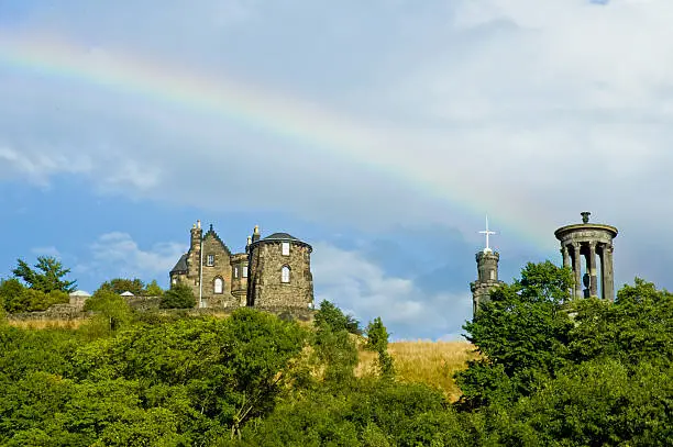 Photo of View of Dugald Stewart monument with rainbow, Edinburgh