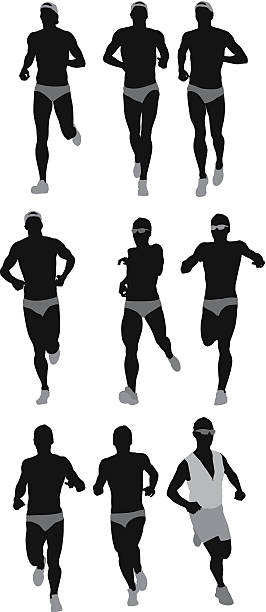 ilustraciones, imágenes clip art, dibujos animados e iconos de stock de gente corriendo silueta de deportes - silhouette running cap hat