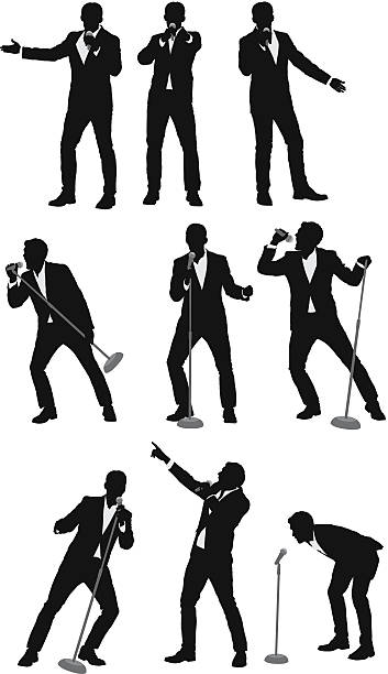 Silhouette of businessmen singing into microphones Silhouette of businessmen singing into microphoneshttp://www.twodozendesign.info/i/1.png microphone silhouettes stock illustrations