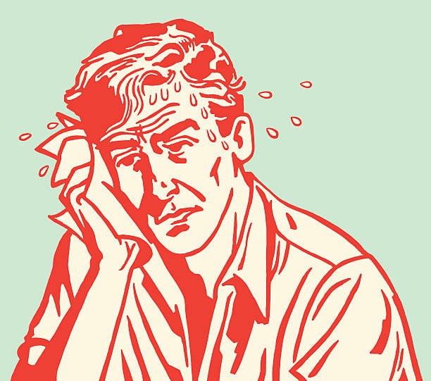 Red carton outline of sweaty sad man on blue background http://csaimages.com/images/istockprofile/csa_vector_dsp.jpg heat stress stock illustrations
