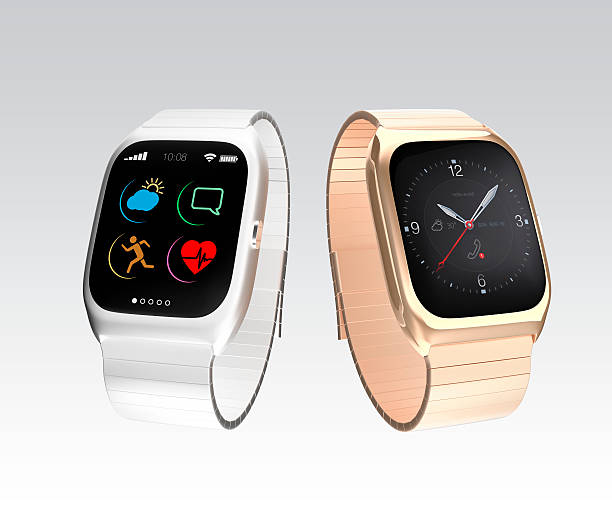 istock Stylish smart watches with different apps on gray background 467028994