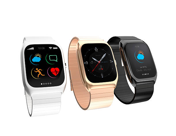 istock Stylish smart watches with different apps on white background 467028998