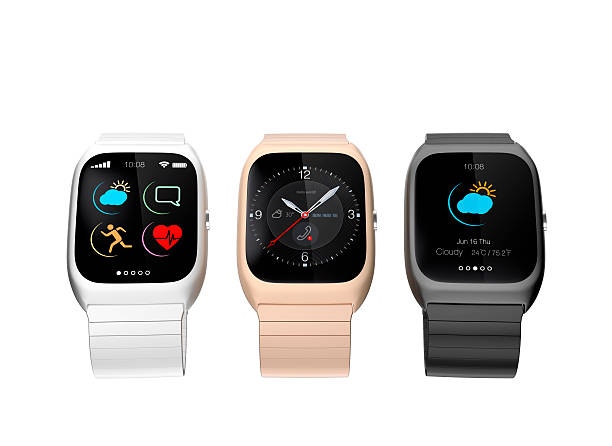 istock Stylish smart watches with different apps on white background 467029000