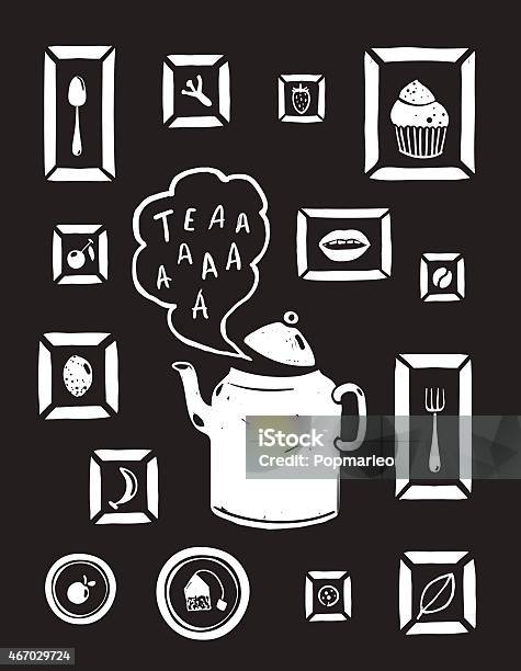 Teapot Drinking Tea And Cooking Art Frames On Black Stock Illustration - Download Image Now