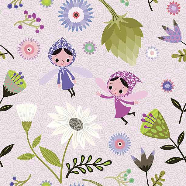 Floral Elves Pattern. Colorful, double-layer pattern with flowers and elves. EPS 10. RGB. purple fairy costume stock illustrations