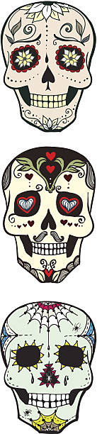 Three doodle stylized colorful skulls Three doodle stylized colorful skulls. spider tribal tattoo stock illustrations
