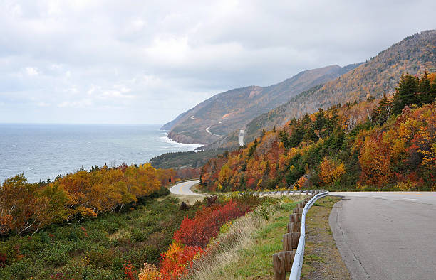 Cabot Trail, Cape Breton, Nova Scotia The Cabot Trail in peak fall colours. creighton stock pictures, royalty-free photos & images