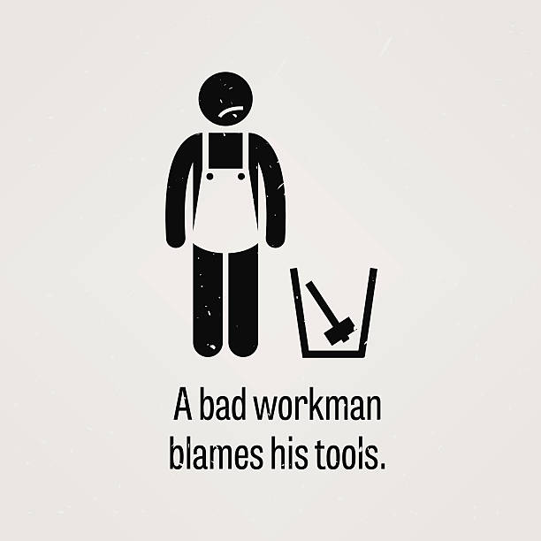 bad pracownik fizyczny blames jego narzędzia - sullen occupation manual worker displeased stock illustrations