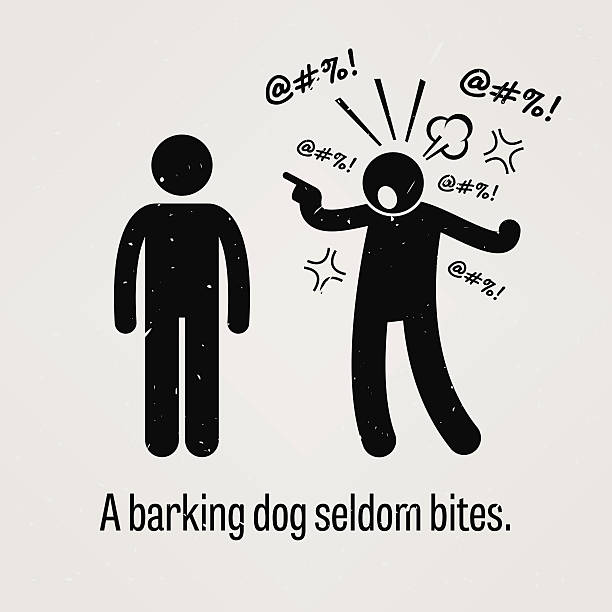 Barking Dog Seldom Bites A motivational and inspirational poster representing the proverb sayings, A Barking Dog Seldom Bites with simple human pictogram. anger stock illustrations