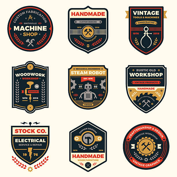 Vintage workshop badges Set of retro vintage workshop badges and label graphics. steampunk style stock illustrations