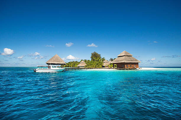 istock small tropical island with Beach Villas and speed boat 467040628