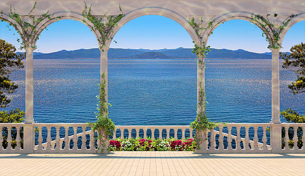 istock Terrace with balustrade overlooking the sea and mountains 467049397