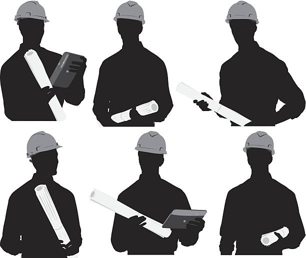 ilustraciones, imágenes clip art, dibujos animados e iconos de stock de varias imágenes de un arquitecto con blueprint - construction worker silhouette people construction