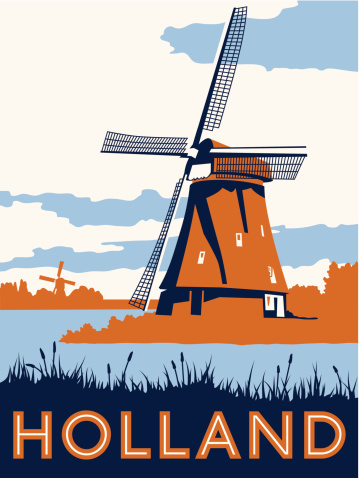 A posterized illustration of the Dutch landscape including two windmills.