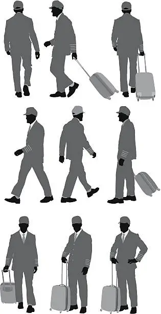 Vector illustration of Multiple images of an airline pilot with his luggage
