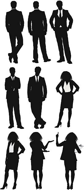 mehrere silhouette der geschäftsmann und geschäftsfrau - businesswoman skirt isolated standing stock-grafiken, -clipart, -cartoons und -symbole