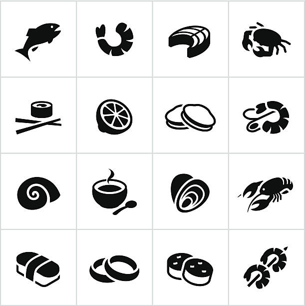 Black Seafood Icons Seafood icons. All white strokes/shapes are cut from the icons and merged allowing the background to show through. japanese food icon stock illustrations