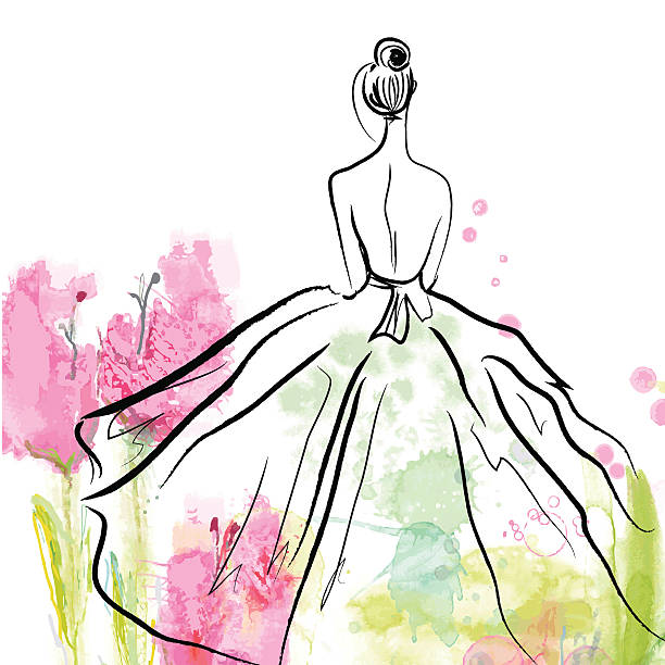 ilustrações, clipart, desenhos animados e ícones de menina da moda em belo vestido-rascunho - bride women wedding flower