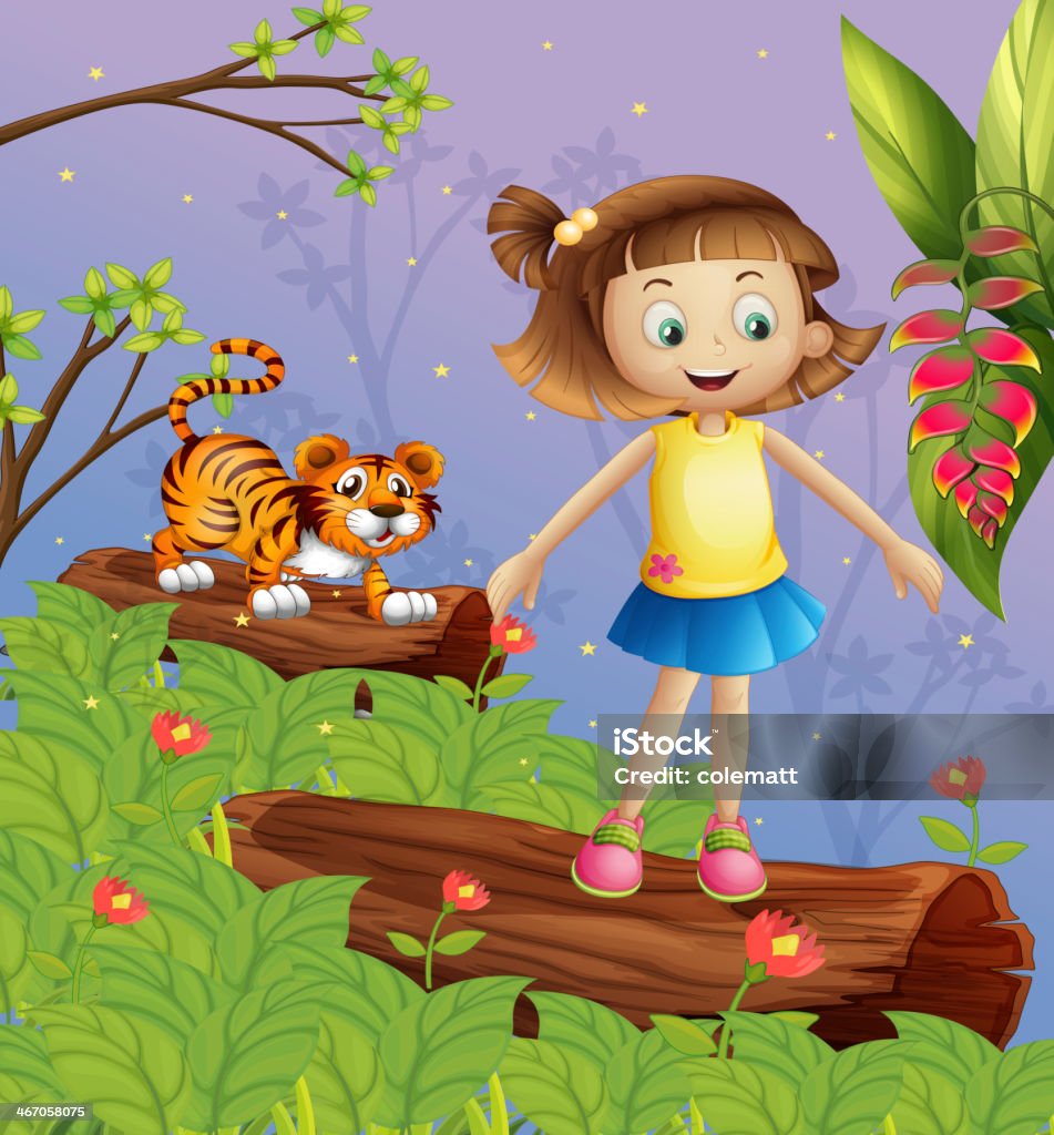 Mädchen und ein tiger im Wald - Lizenzfrei Abenddämmerung Vektorgrafik
