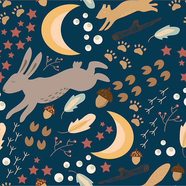 Spring Night Forest Spring Night Forest with rabbits, squirrels, moon and stars, magic feathers and strange paws and bird paths. background of the crazy squirrel stock illustrations