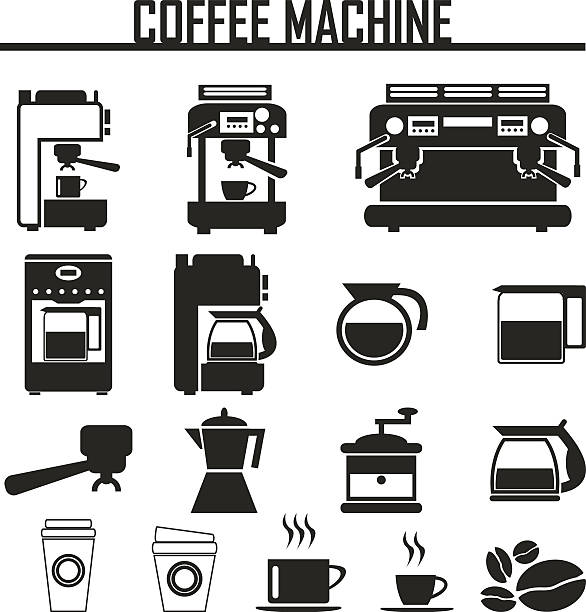 ilustraciones, imágenes clip art, dibujos animados e iconos de stock de iconos de la máquina de café - spit roasted