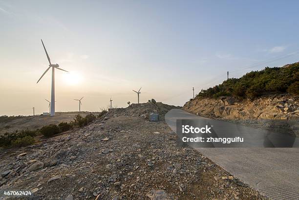 Mountain Road Windmills Stock Photo - Download Image Now - 2015, Beauty In Nature, Cable