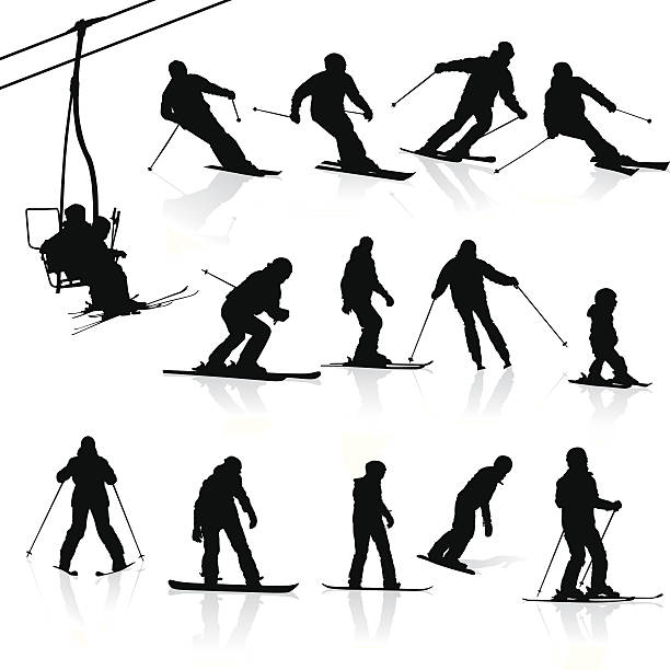 ilustrações, clipart, desenhos animados e ícones de silhuetas de esqui - action winter extreme sports snowboarding