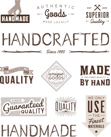 A set of vintage-style banners and badges focusing on handcrafted and handmade labels. Includes hand-drawn wood type. Each items is on a separate layer. Includes a layered Photoshop document. Ideal for both print and web elements.