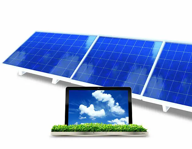 clean  concept with laptop and solar cell panel
