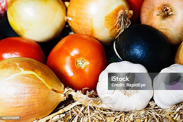 Zbliżenie Zbiory Zdrowe Świeże Warzywa Na Słomy - zdjęcia stockowe i więcej obrazów Bez ludzi - Bez ludzi, Cebula, Czosnek