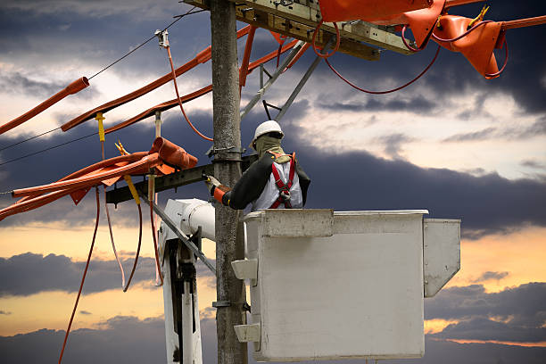 Winnipeg Manitoba Canada - July 1 2024 / Participants in the Lineman's Rodeo in Winnipeg demonstrate advanced techniques and safety measures, highlighting the expertise required in the profession. He is performing a speed climb as part of a competition