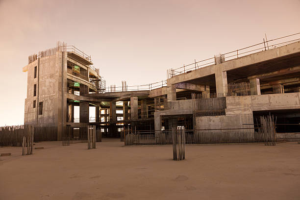 Abandoned construction site at night stock photo