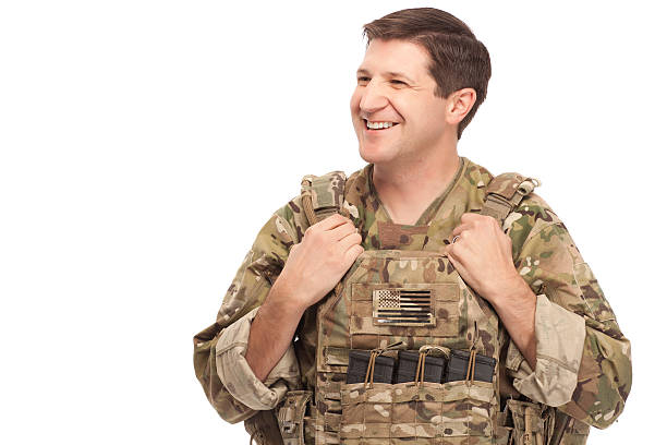 istock Happy Army soldier looking away 467073026