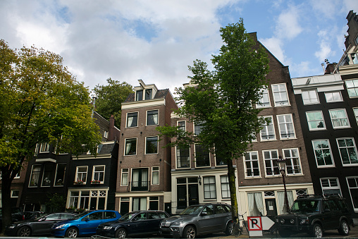 Traditional buildings by street at amsterdam in holland