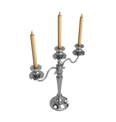 Candelabrum isolated on white background. Silver candlestick with three candles. 3d illustration.