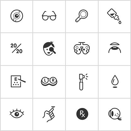 Simple vector icon set representing optical supplies, equipment, and concepts.