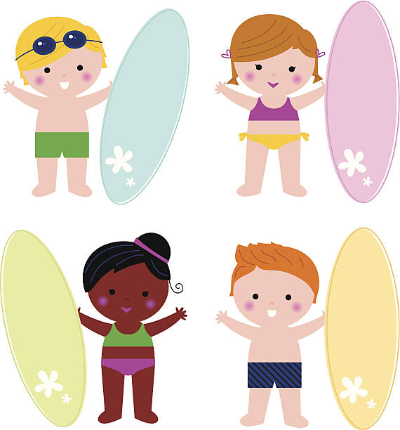 ilustrações de stock, clip art, desenhos animados e ícones de cute little verão crianças com surf conjunto isolado a branco - cartoon little girls surfing child