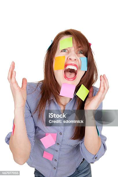 Stressed Screaming Woman With Sticky Notes All Over Her Stock Photo - Download Image Now