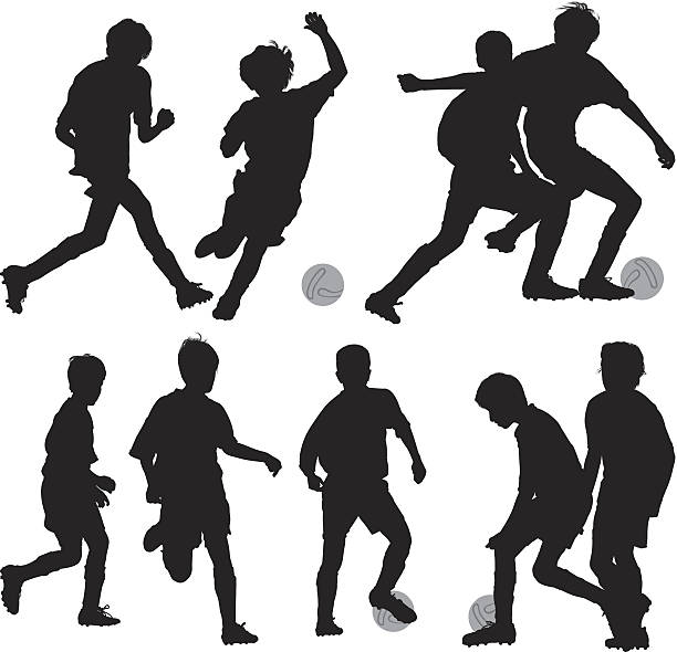 ilustraciones, imágenes clip art, dibujos animados e iconos de stock de silueta de niños jugando al fútbol - soccer child silhouette sport