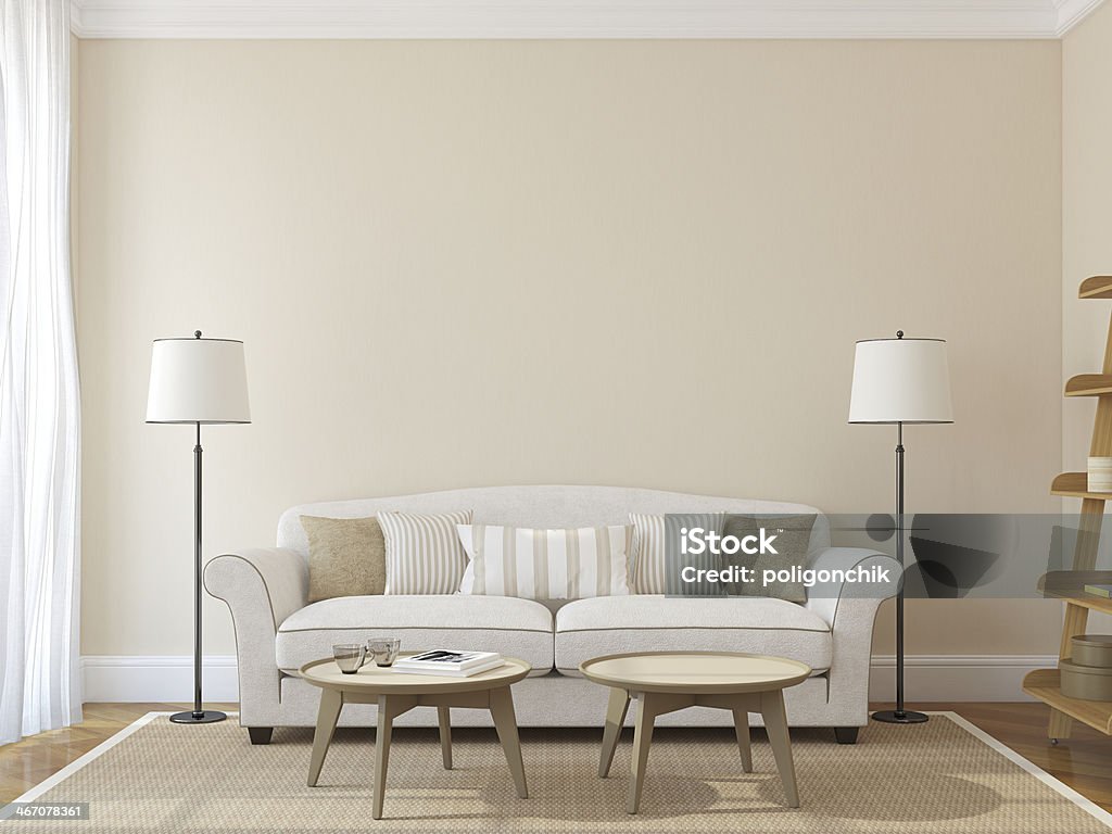 Modern living-room Modern living-room interior with white couch near empty beige wall. 3d render. Photo on book cover was made by me. Beige Stock Photo