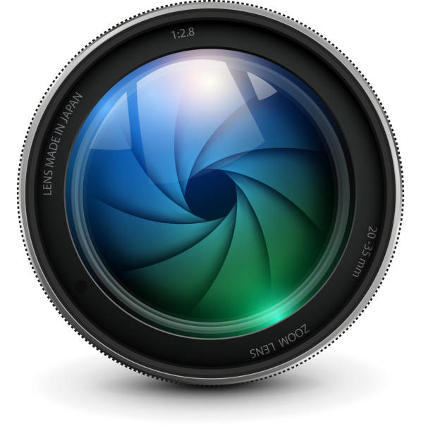 Camera lens Camera photo lens with shutter. lens optical instrument stock illustrations